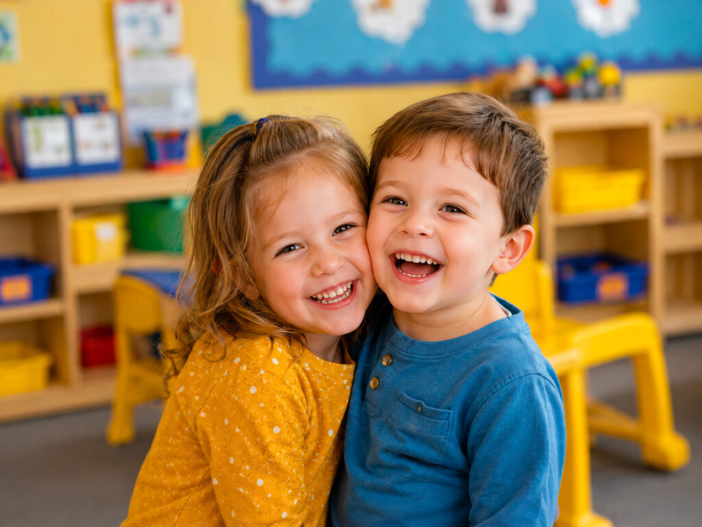 Due bambini sorridenti in un ambiente educativo per l’infanzia con arredi colorati sullo sfondo.